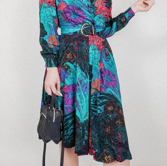 Vintage collared jewel tone pleated midi dress - Picture 3 of 8